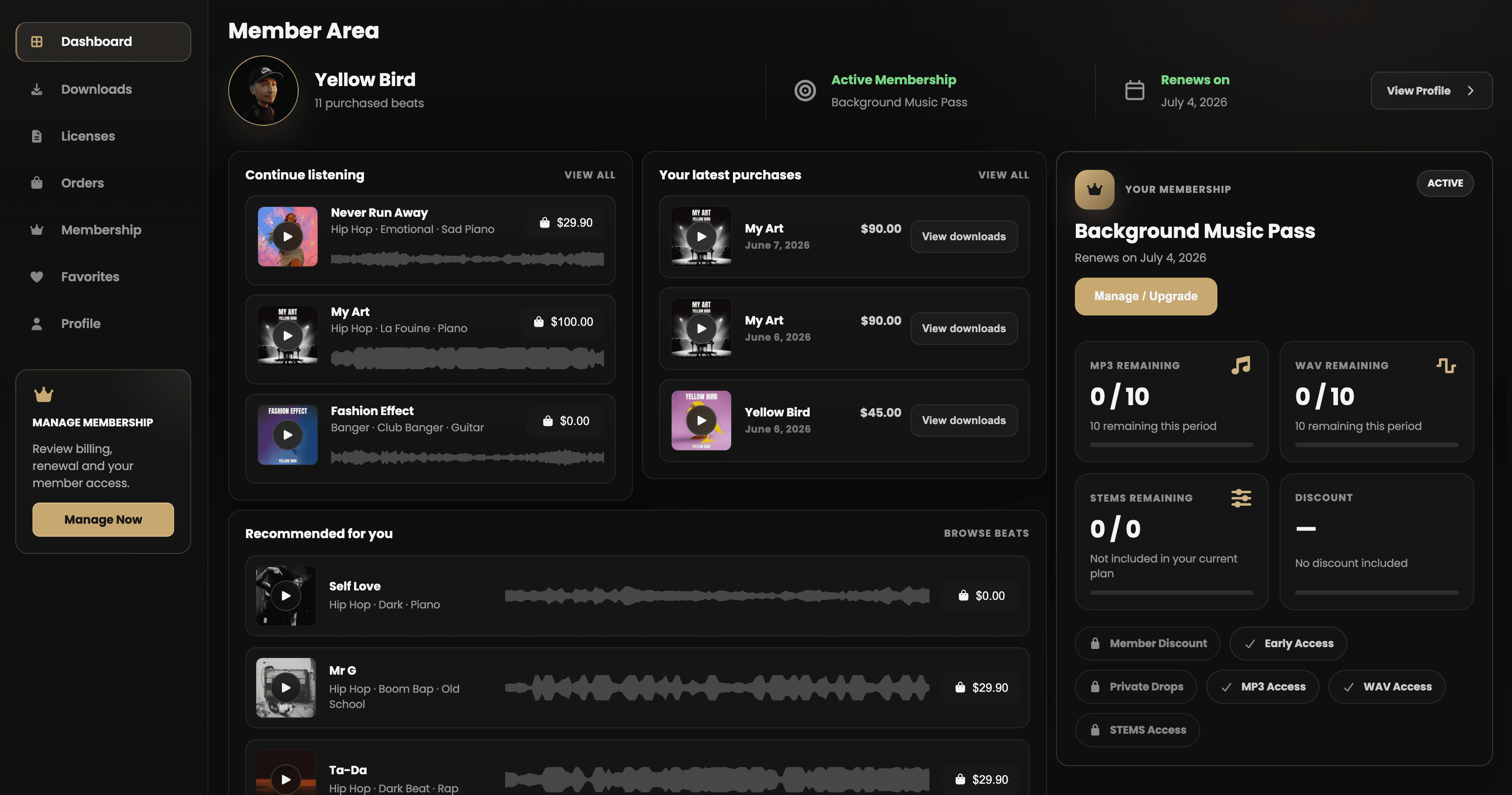 Banaslap Studio customer dashboard with purchases, downloads, licenses and membership status