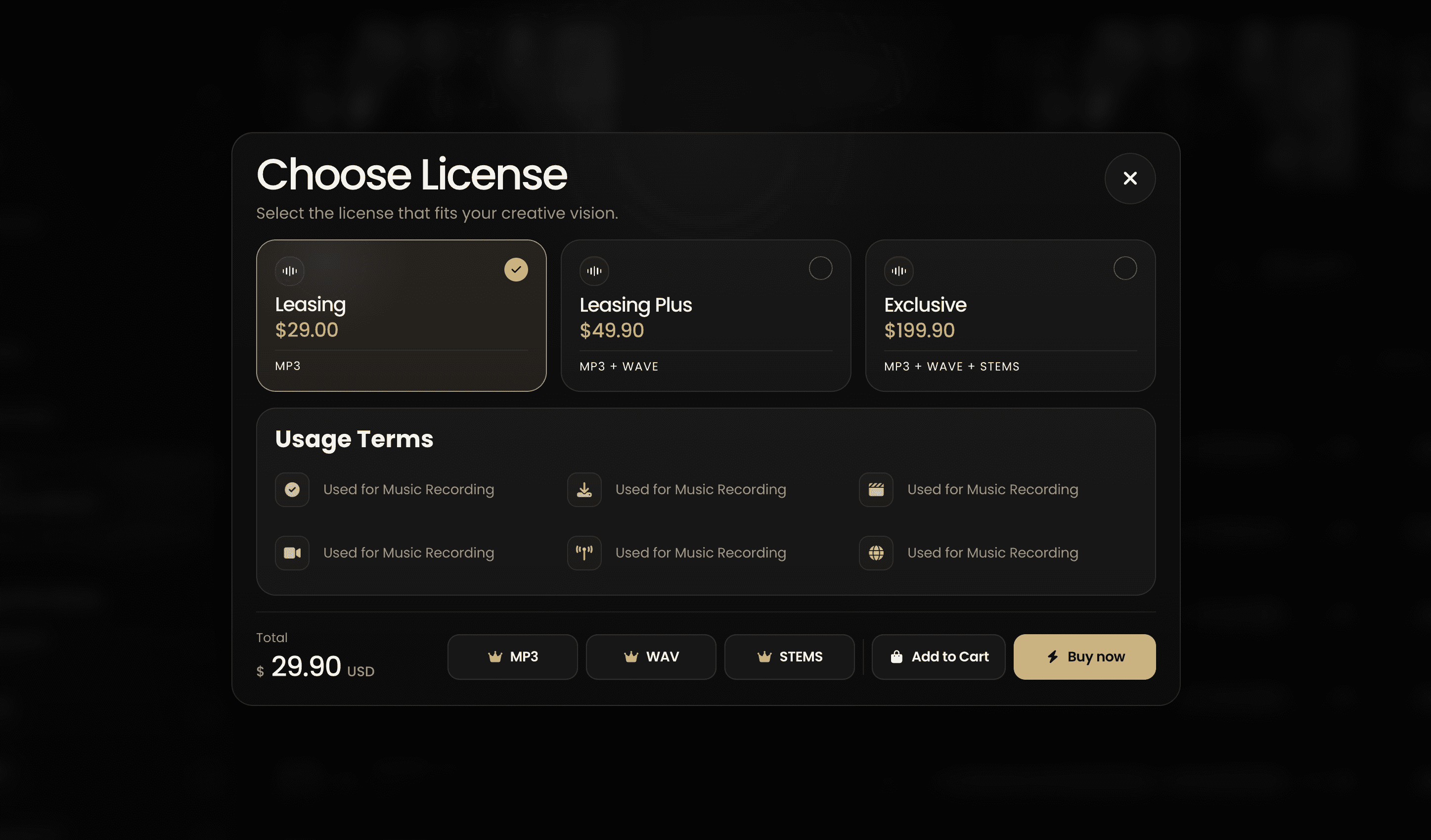 Banaslap Studio license modal showing license choices, usage terms, add to cart and buy now actions