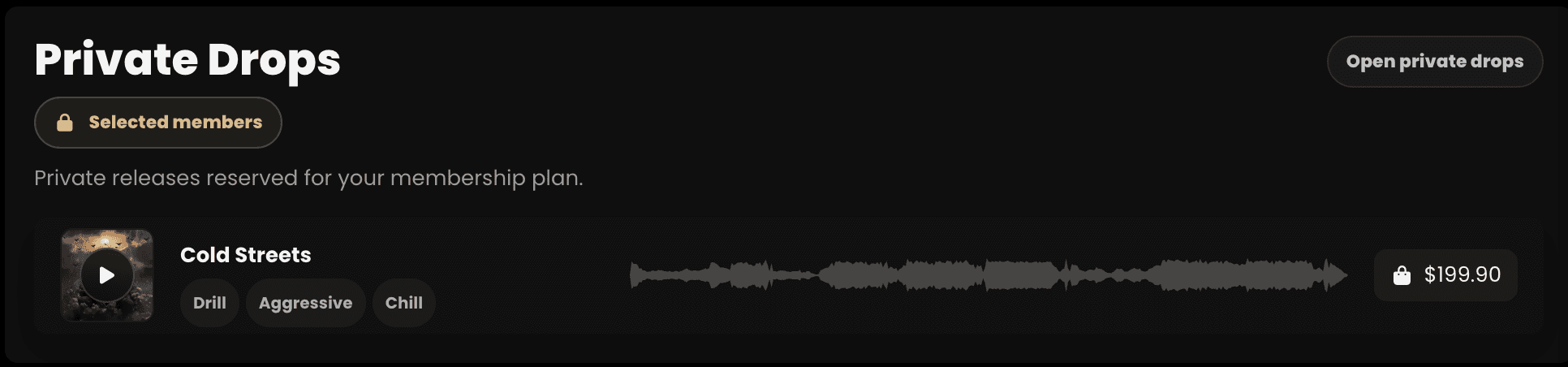 Banaslap Studio private drops view with selected member access and private release pricing
