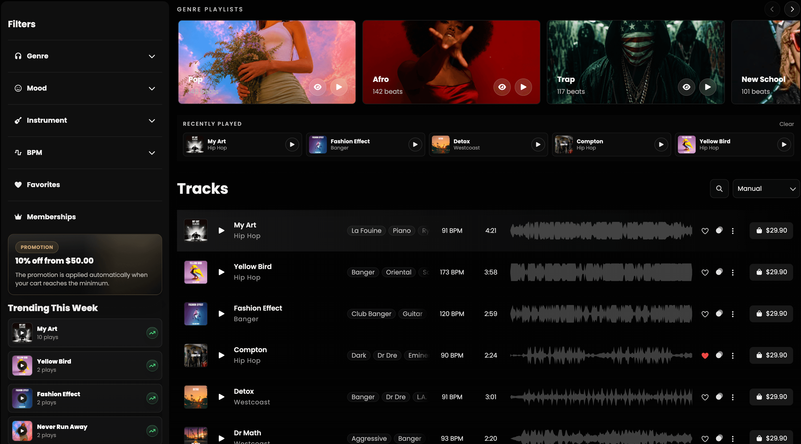 Banaslap storefront with beat catalog, filters, player and checkout controls