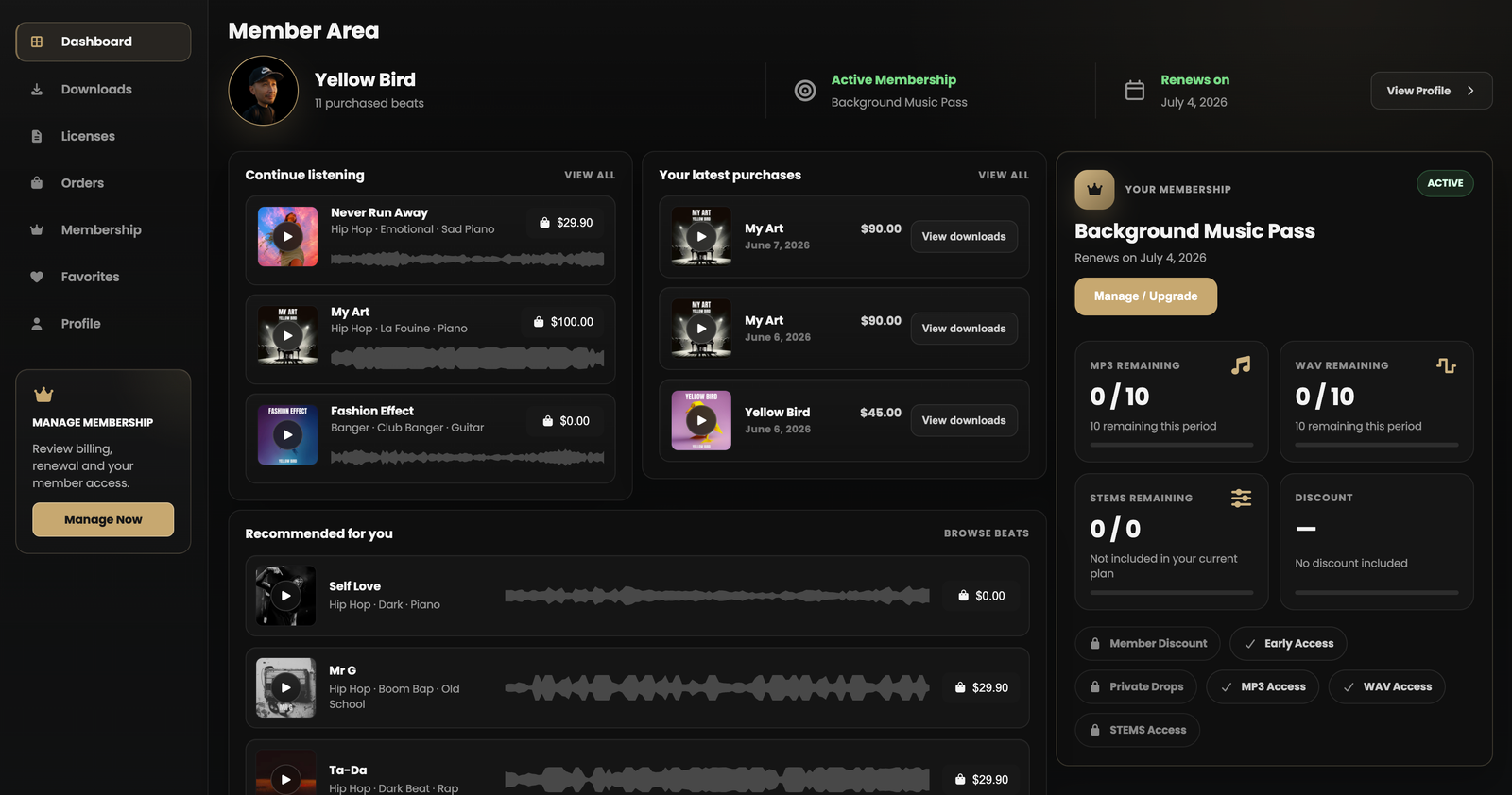 Banaslap customer account and downloads dashboard