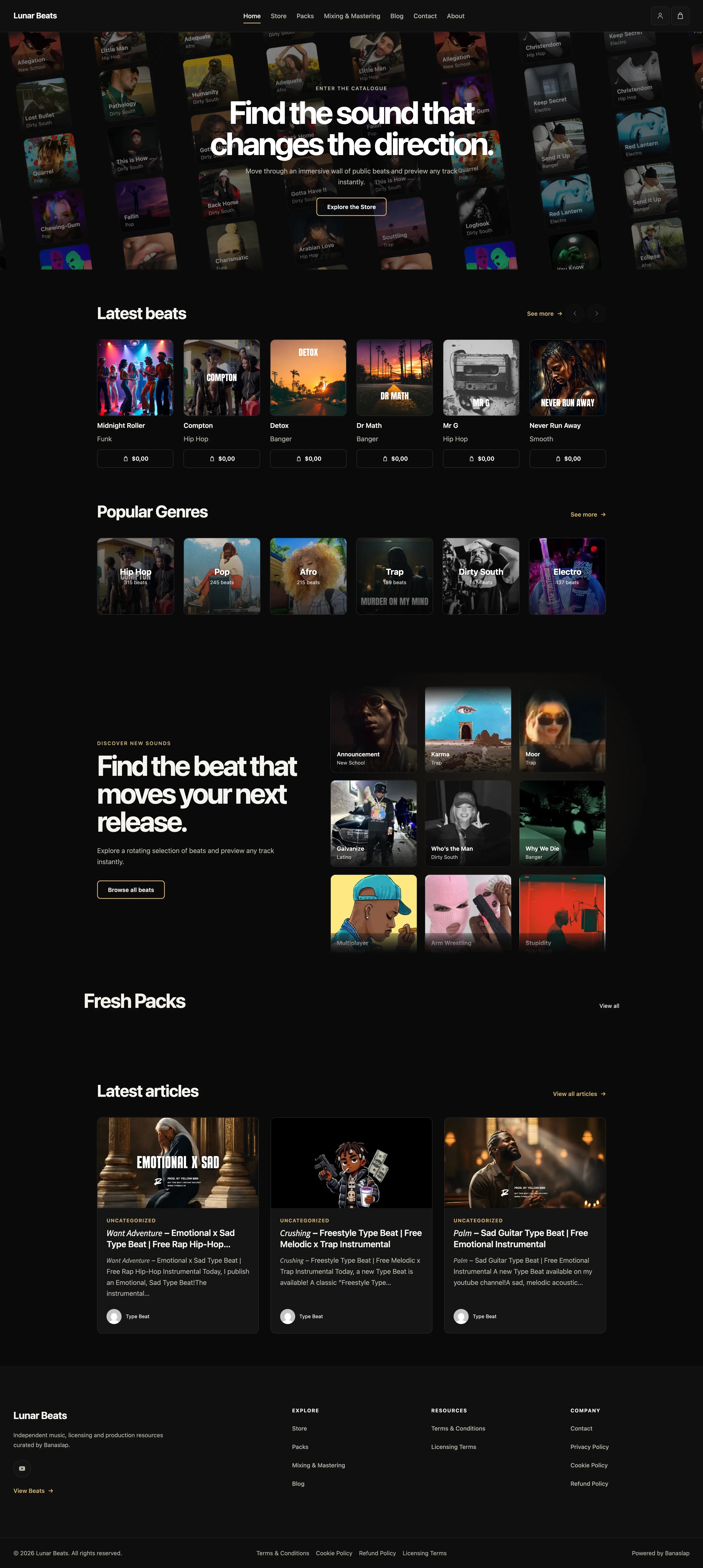 Complete Lunar Beats homepage template with beat catalog, genres, packs, articles, footer and player layout